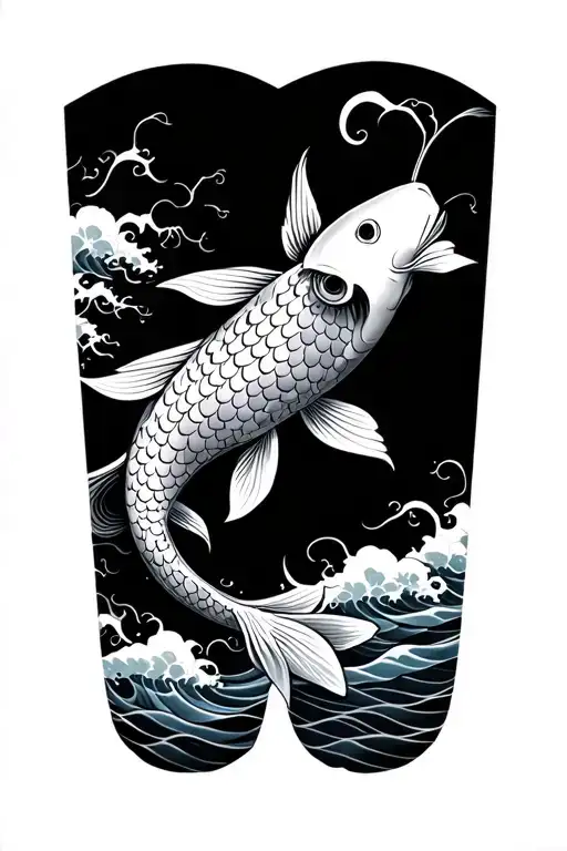 lower arm sleeve, koi fish with big scales, black and grey, waves and water background tattoo design idea