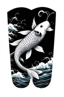 lower arm sleeve, koi fish with big scales, black and grey, waves and water background tattoo design idea