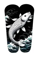 lower arm sleeve, koi fish with big scales, black and grey, waves and water background tattoo design idea