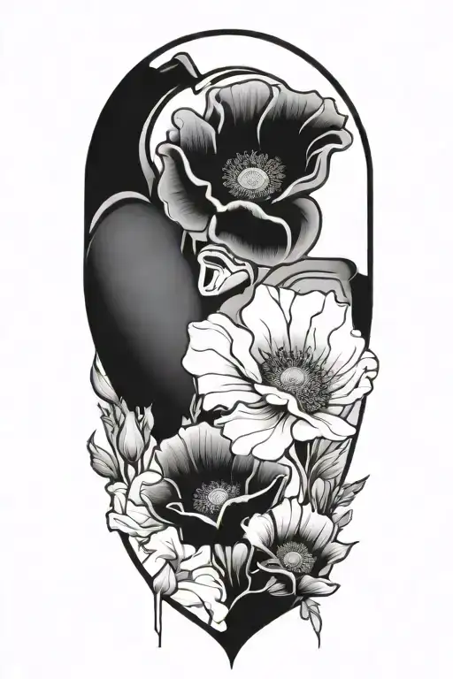 abstract design human heart, poppies, anemones tattoo design idea
