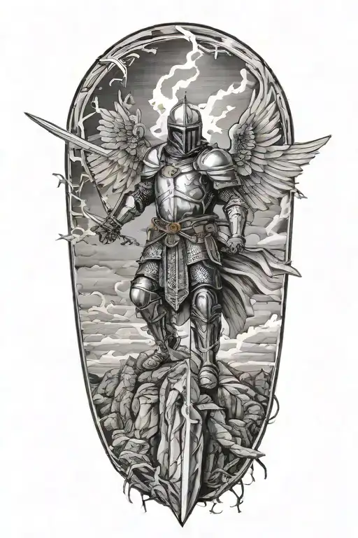a knight with angel wings with one foot on top of a rock and a sword lifted to the sky with lightning in the back tattoo design idea