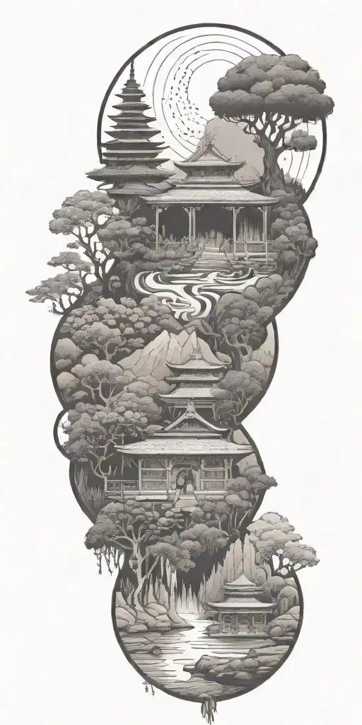 budism symbols that are uncommon. focus on nature, scenery and being grounded while on a spiritual journey tattoo design idea