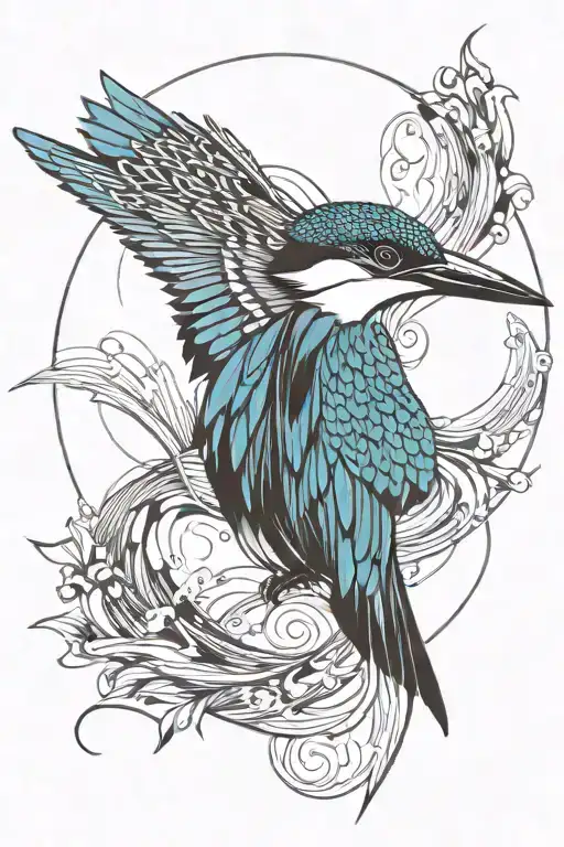 kingfisher bird with ocean wave behind it tattoo design idea