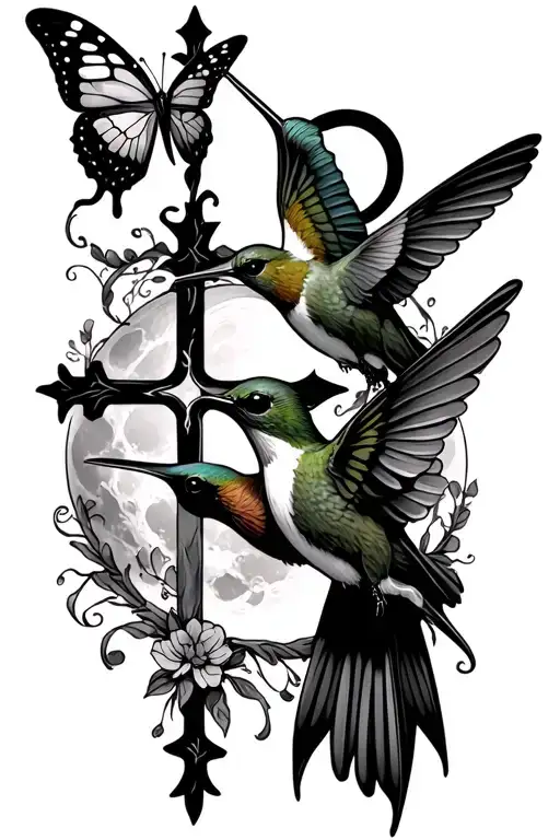 humming bird with a butterfly and a cross and a full moon tattoo design idea