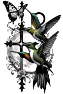 humming bird with a butterfly and a cross and a full moon tattoo design idea