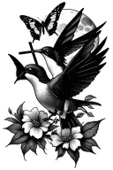 humming bird with a butterfly and a cross and a full moon tattoo design idea
