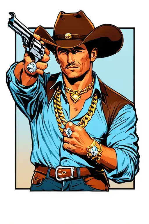 a cowboy with a revolver and a gold necklace on the cowboys neck and gold bracelet on wrist. he has 3 gold diamond rings tattoo design idea