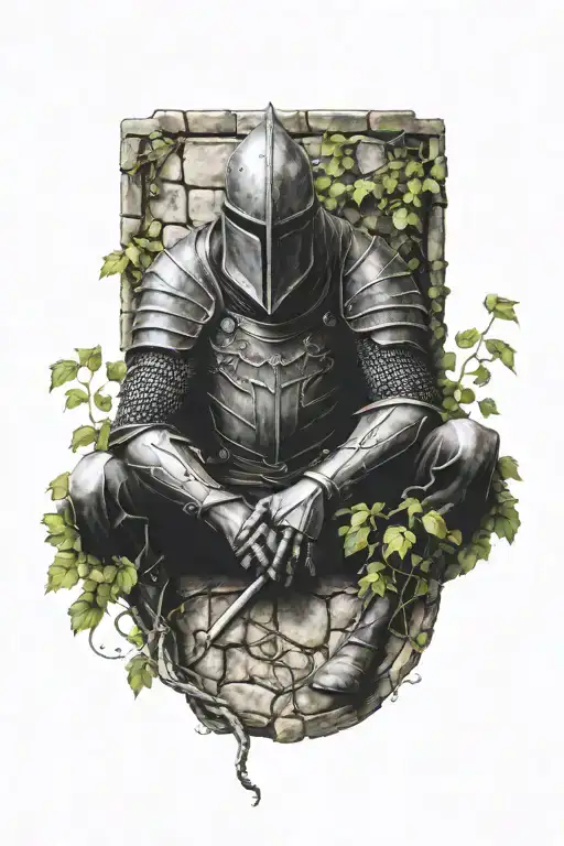 dead knight leaning against a medieval cobblestone wall with creeping vines tattoo design idea