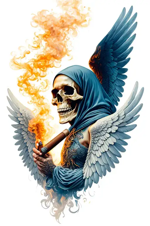 hood skull cigar smoke fallen angel wings tattoo design idea