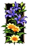 lily marigold larkspur flowers intertwined tattoo design idea