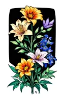 lily marigold larkspur flowers intertwined tattoo design idea