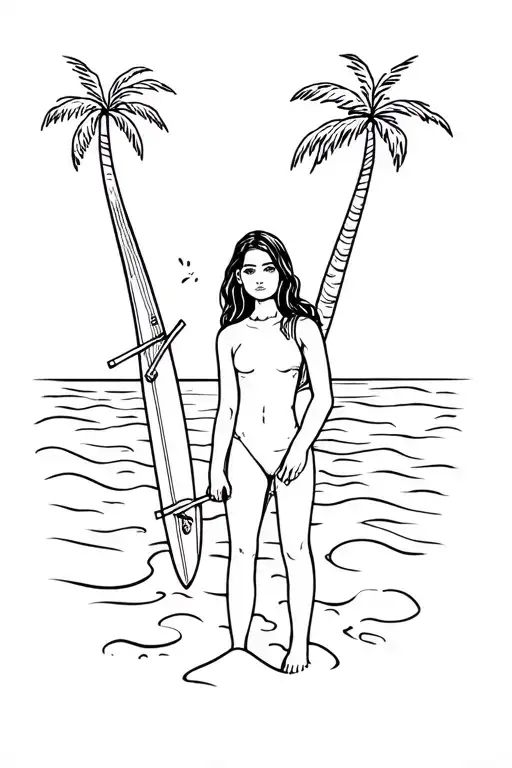 girl with surfboard with a pair of drumsticks on it, surrounded by sand beach and Palm trees  tattoo design idea