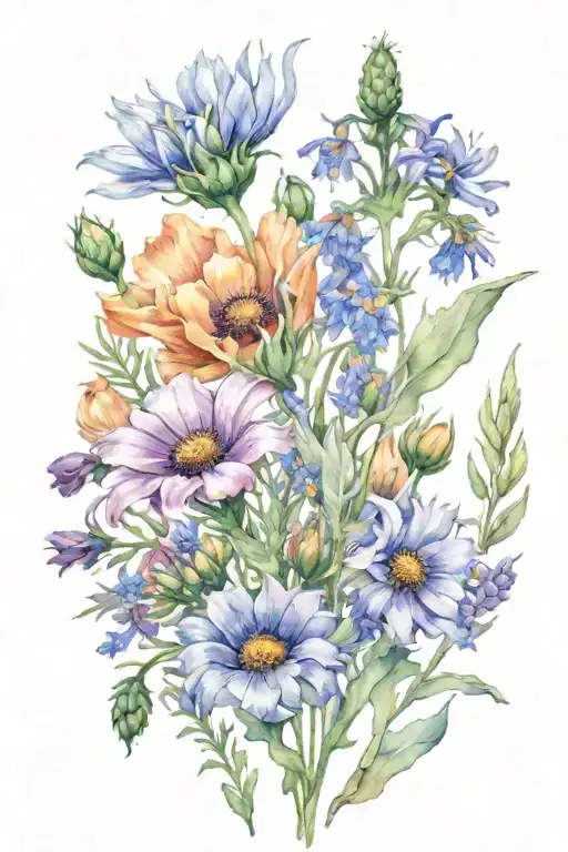 flower bouquet with fire poppy, purple coneflower, broadlead arnica, and lindseys blazingstar tattoo design idea