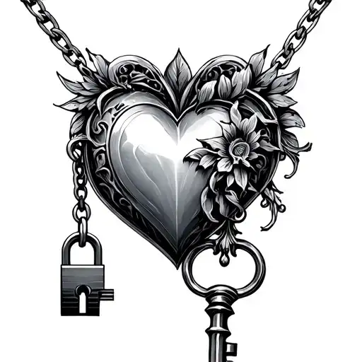 heart pendant key unlocking tattoo design idea