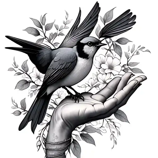 songbird in floral vine intertwined and a hand reaching upward  tattoo design idea