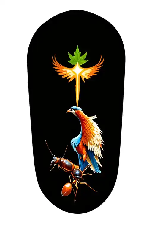 a phoenix flying under a philant star brings a leaf of lorium in its beak to a single ant tattoo design idea