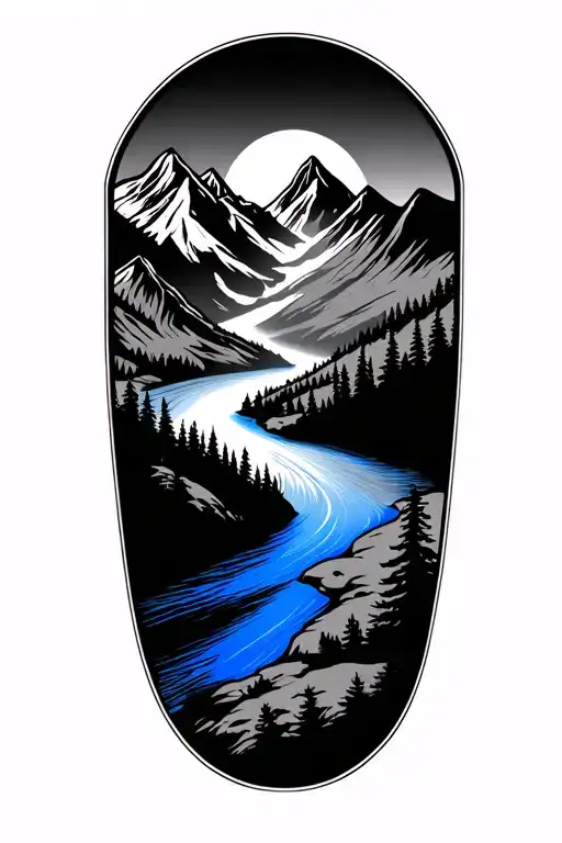 sign flows vertically from mountain peaks down to valley floorsA thin blue line river winds through the entire piece, s tattoo design idea