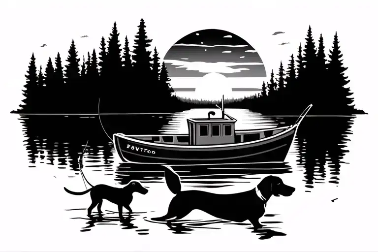 fishing boat going up a river towards the sun setting with a little dachshund and a German shorthaired pointer inside  tattoo design idea