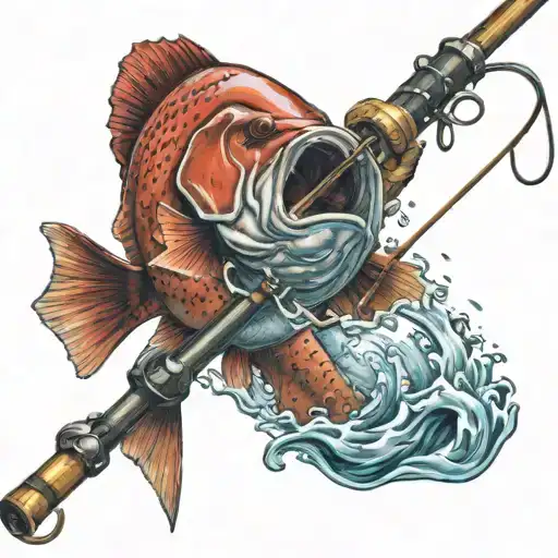 fishing rod spelling forever fishing with red Barra jumping out of water  tattoo design idea