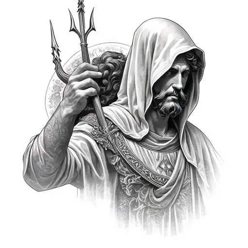 hooded saint Christopher faceless full body with trident  tattoo design idea
