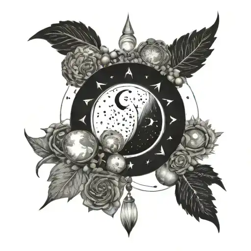 An abstract representation of the phases of the moon intertwined with Wiccan symbols and cosmetology tools tattoo design idea
