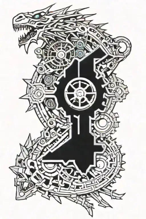 mechanical gear on broken dragon shield tattoo design idea
