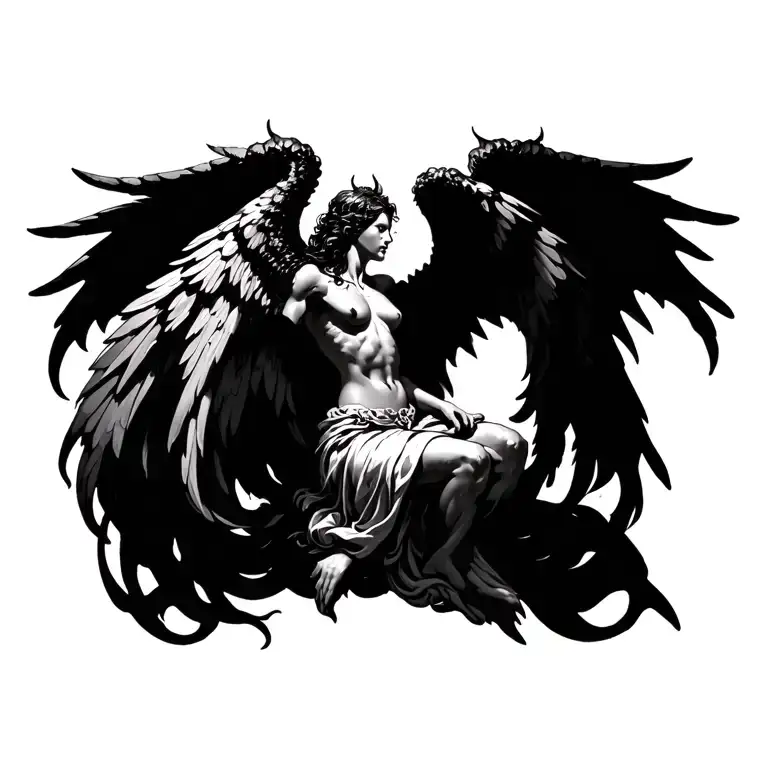 Detailed falling angel with half devil wings tattoo design idea