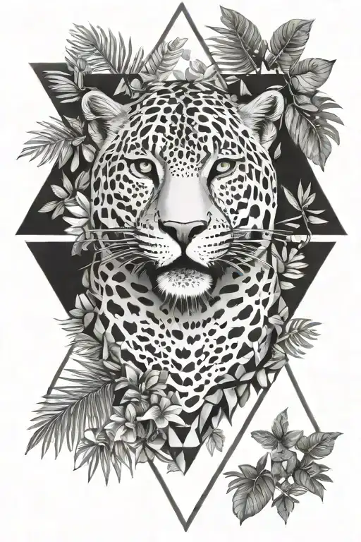 black and white jaguar with jungle background, colibri volcano triangle inside  tattoo design idea