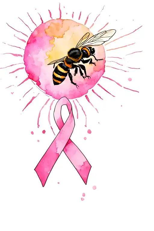 pink breast cancer ribbon and worker bee flying towards the sun tattoo design idea