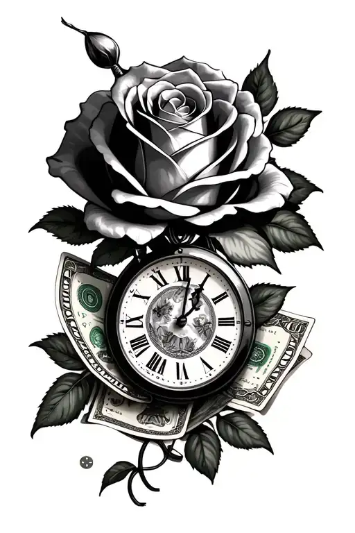 half clock, rose, money, A of cards tattoo design idea