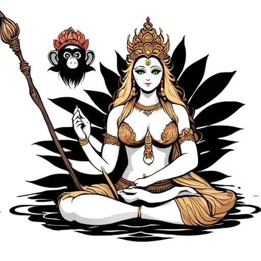 The queen of monkeys, green-eyed, slender, dark blond hair sitting in a lotus pose with a staff in his hand tattoo design idea
