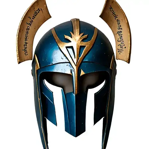 A realistic spartan helmet with a majin vegeta symbol on the forehead of the helmet with a Bible verse on the left side  tattoo design idea