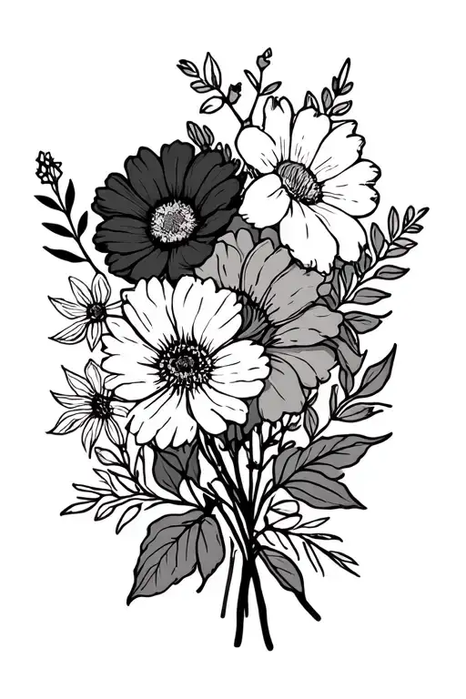flower bouquet with october, janurary, august, march, and june birth flowers line art tattoo simple tattoo design idea