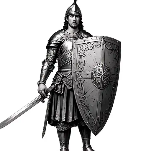 Roman soldier in roman armour with sword and roman shield held tattoo design idea