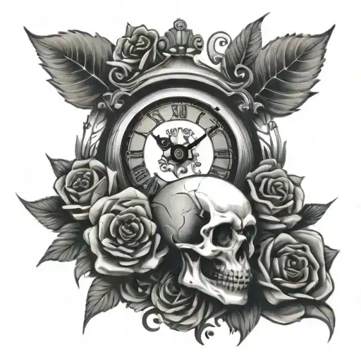 skull clock roses tattoo design idea