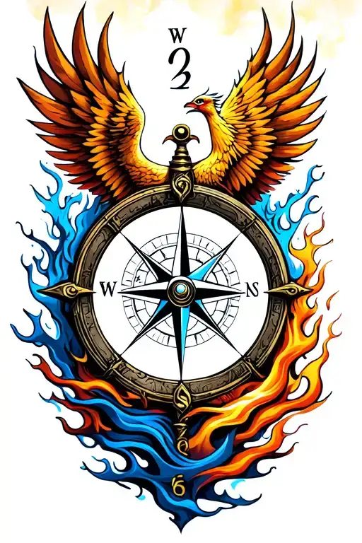 compass representing the course for life over time. Overlapping is a Phoenix rising up from the ashes tattoo design idea