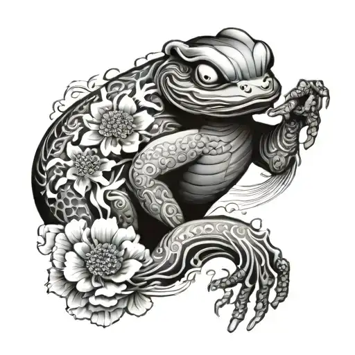 Japanese half sleeve tatto, shades of grey with flowers in color, needs to include Daruma doll and a frog tattoo design idea