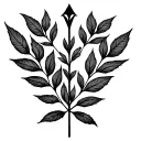 two rowan branches like a flat laurel with the stems touching eqch other and a vertical arrow in between them tattoo design idea