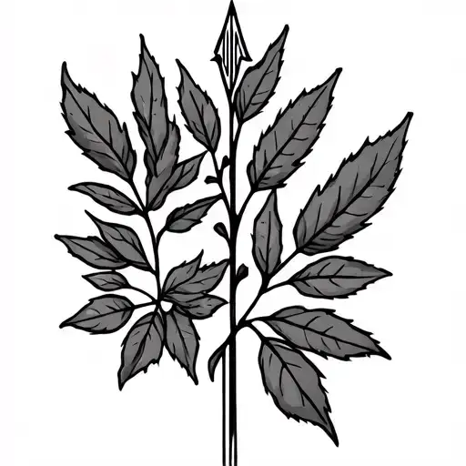 two rowan branches like a flat laurel with the stems touching eqch other and a vertical arrow in between them tattoo design idea