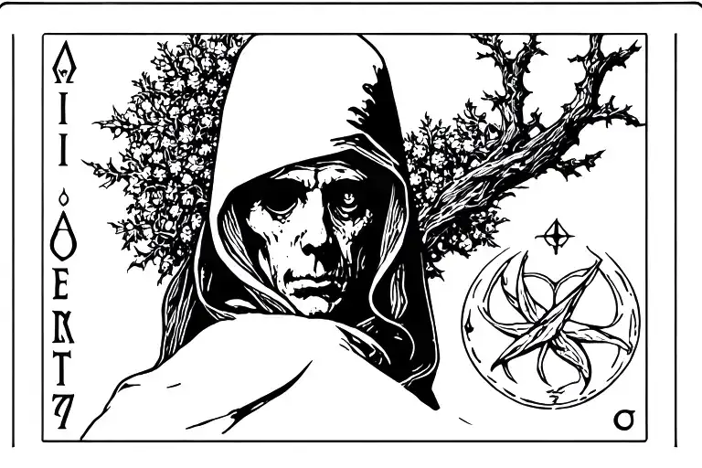 The hermit tarot card with disturbed face tucked in hood tattoo design idea