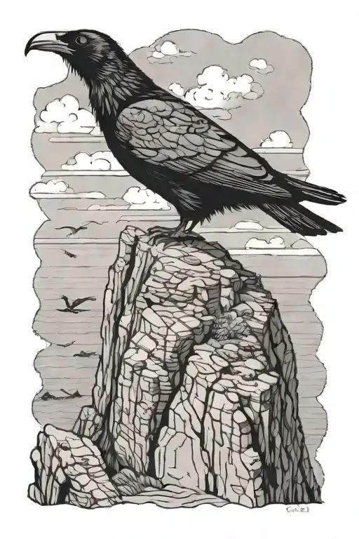 redbilled chough with Costal cliff overlooking the sea tattoo design idea