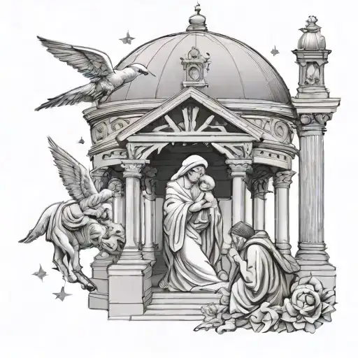 mary holding baby jesus pointing to stars in a pillared gazebo with angels gabriel and Michael watching over them tattoo design idea