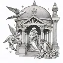 mary holding baby jesus pointing to stars in a pillared gazebo with angels gabriel and Michael watching over them tattoo design idea