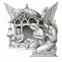 mary holding baby jesus pointing to stars in a pillared gazebo with angels gabriel and Michael watching over them tattoo design idea