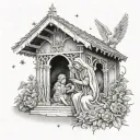 mary holding baby jesus pointing to stars in a pillared gazebo with angels gabriel and Michael watching over them tattoo design idea