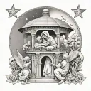 mary holding baby jesus pointing to stars in a pillared gazebo with angels gabriel and Michael watching over them tattoo design idea