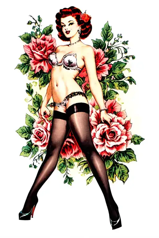 pin up girl wearing black stockings and high heels standing tattoo design idea