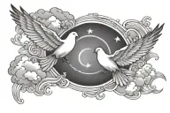 two doves flying towards the sun rays cloud background tattoo design idea