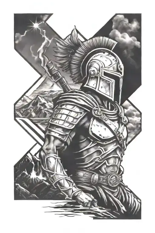 spartan soldier & volcano erupting tattoo design idea