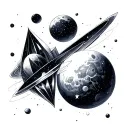 **Orbiting Elements:** Four distinct, delicately drawn celestial bodies or abstract crystalline forms (e.g., a small cre tattoo design idea